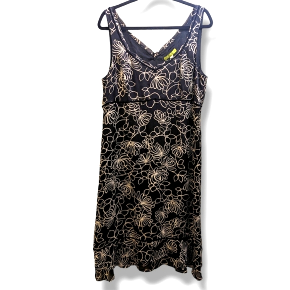 Sigrid Olsen Black & White Floral Sleeveless 100% Silk & Velvet Trim Dress- 16